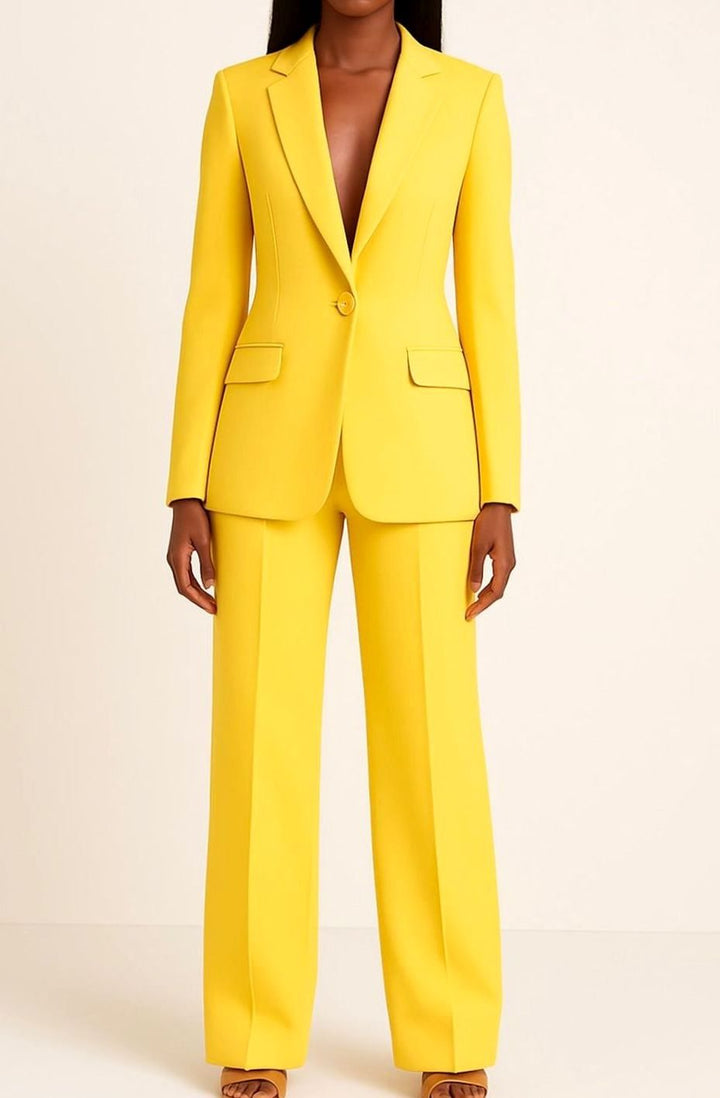 Women's Tailored Single-Button Blazer Trouser Suit Set - Yellow