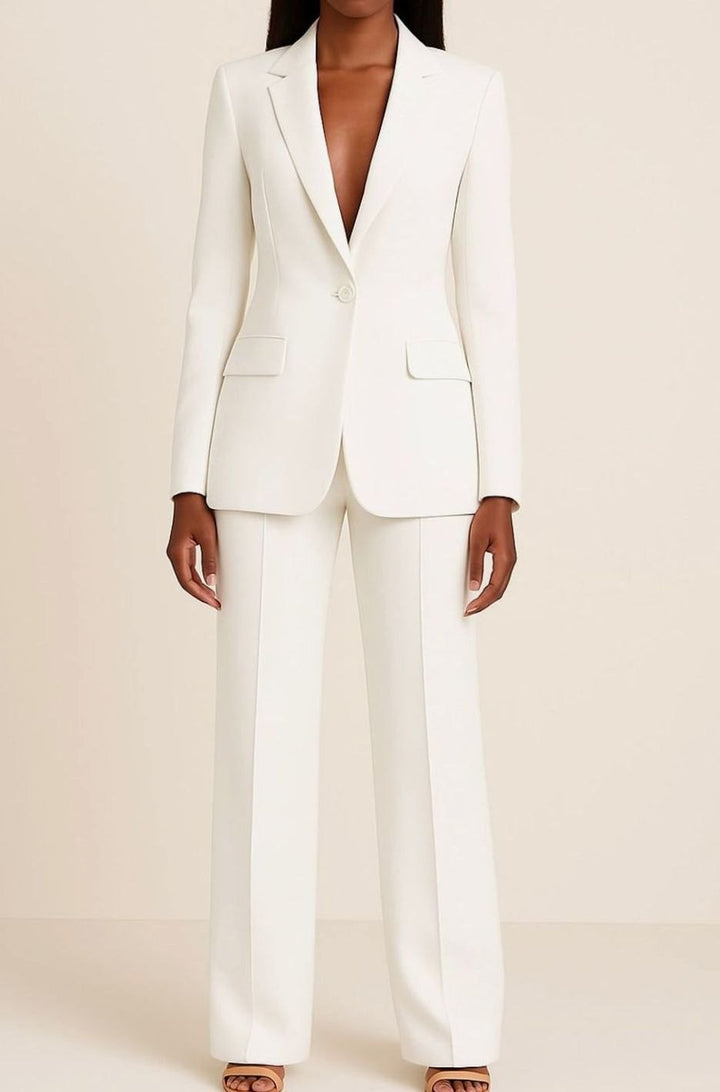 Women's Tailored Single-Button Blazer Trouser Suit Set - White