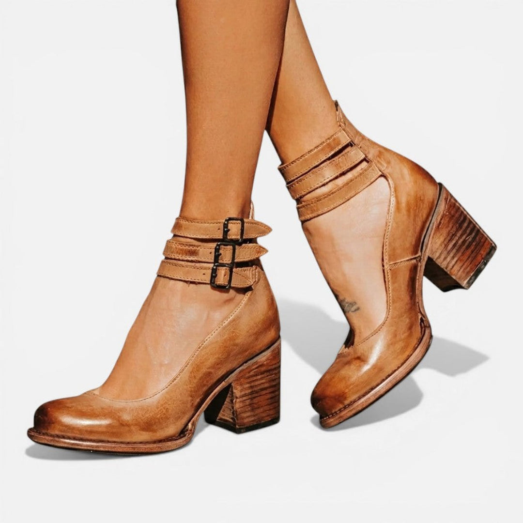 Women's Tan Leather Block Heel Ankle Boots Double Buckle Strap - Light Brown