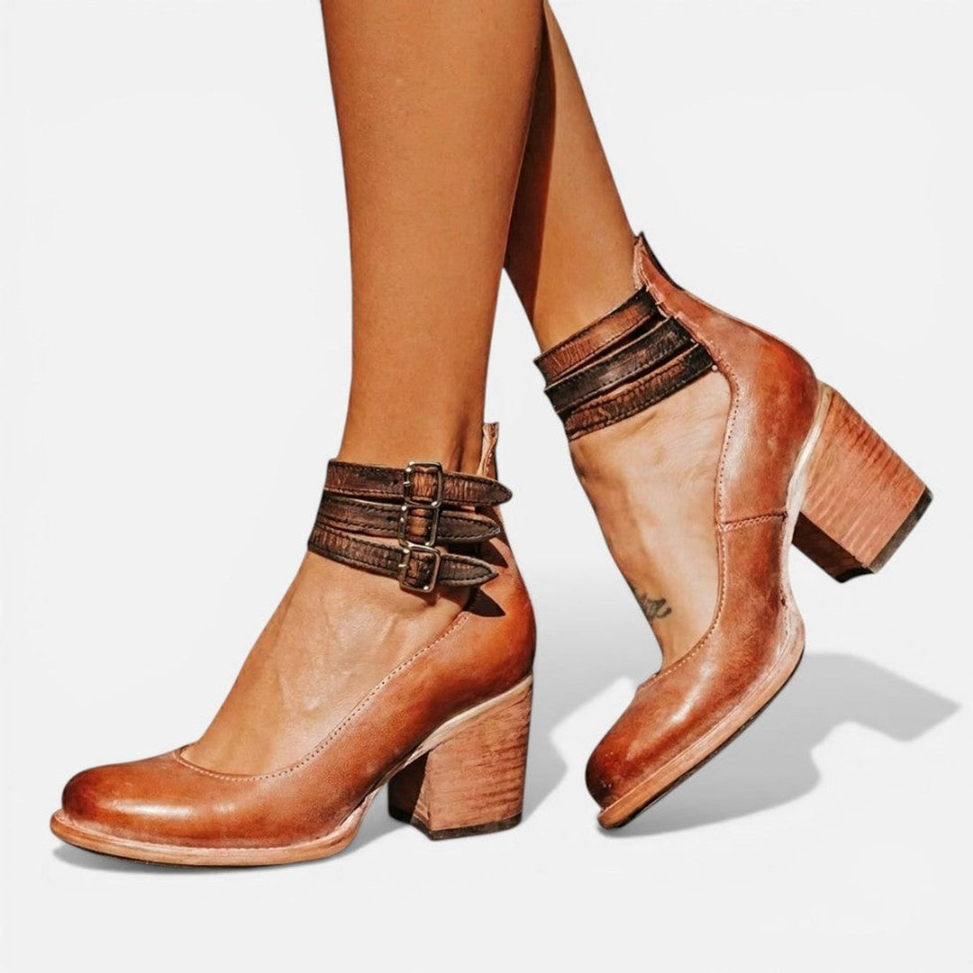Women's Tan Leather Block Heel Ankle Boots Double Buckle Strap - Brown