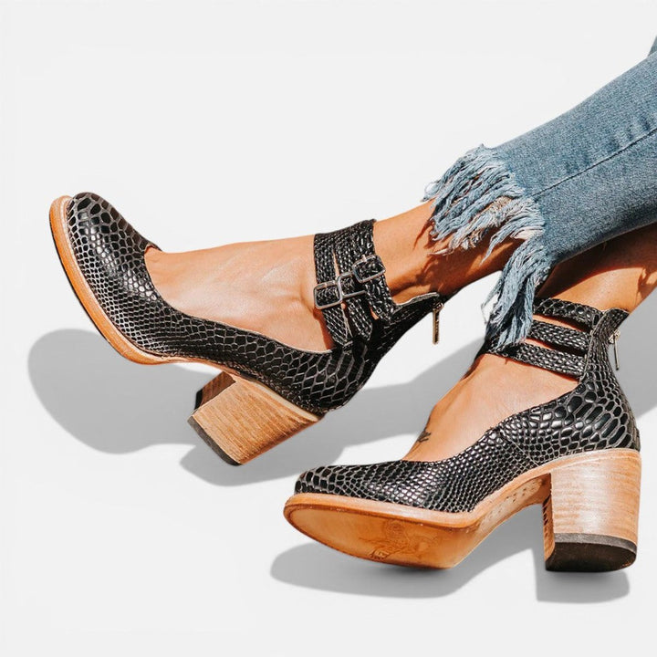 Women's Tan Leather Block Heel Ankle Boots Double Buckle Strap - Black
