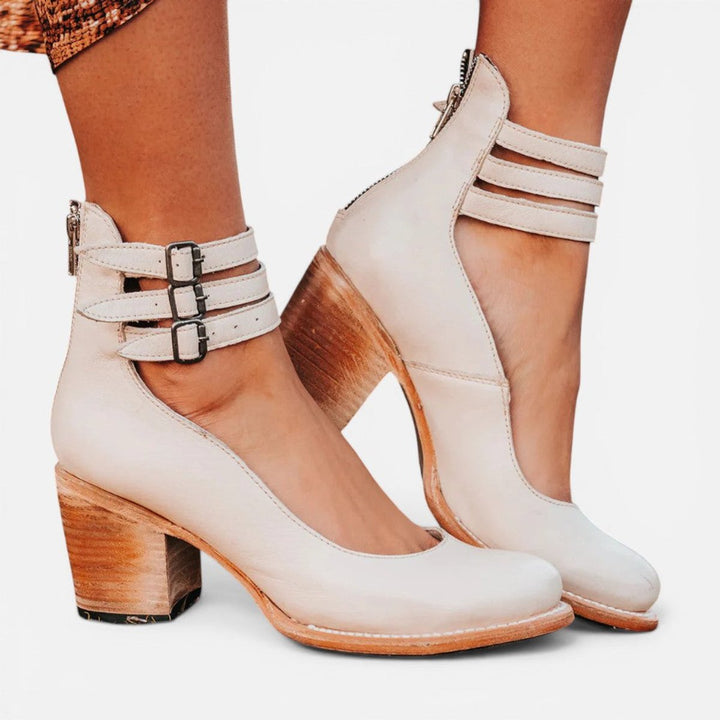 Women's Tan Leather Block Heel Ankle Boots Double Buckle Strap - White