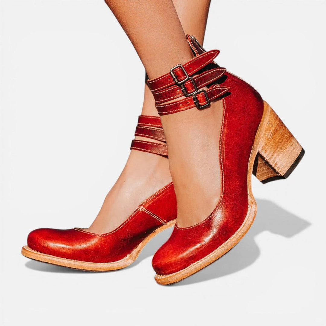 Women's Tan Leather Block Heel Ankle Boots Double Buckle Strap - Red