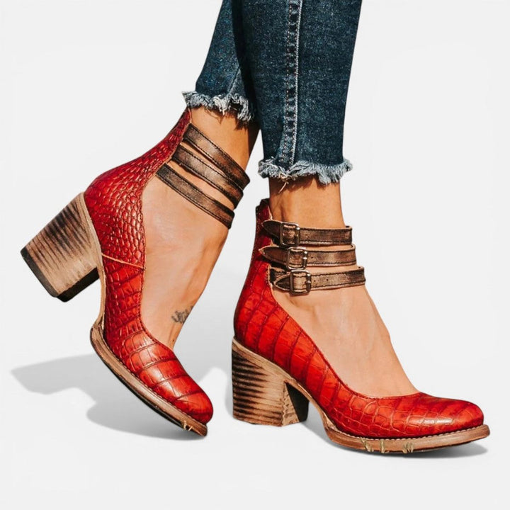 Women's Tan Leather Block Heel Ankle Boots Double Buckle Strap - Red Brown