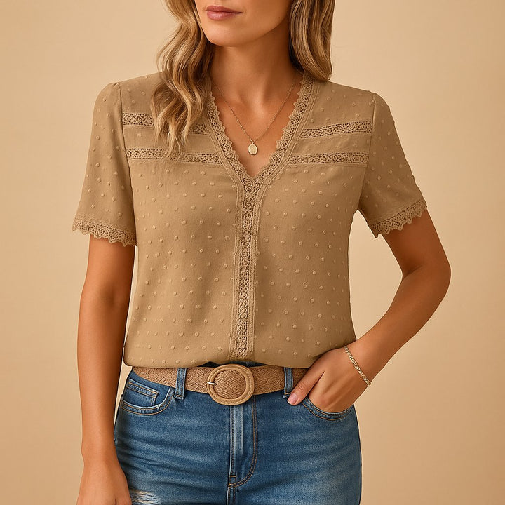 Women's Textured Lace-Trim V-Neck Short-Sleeve Blouse - Khaki