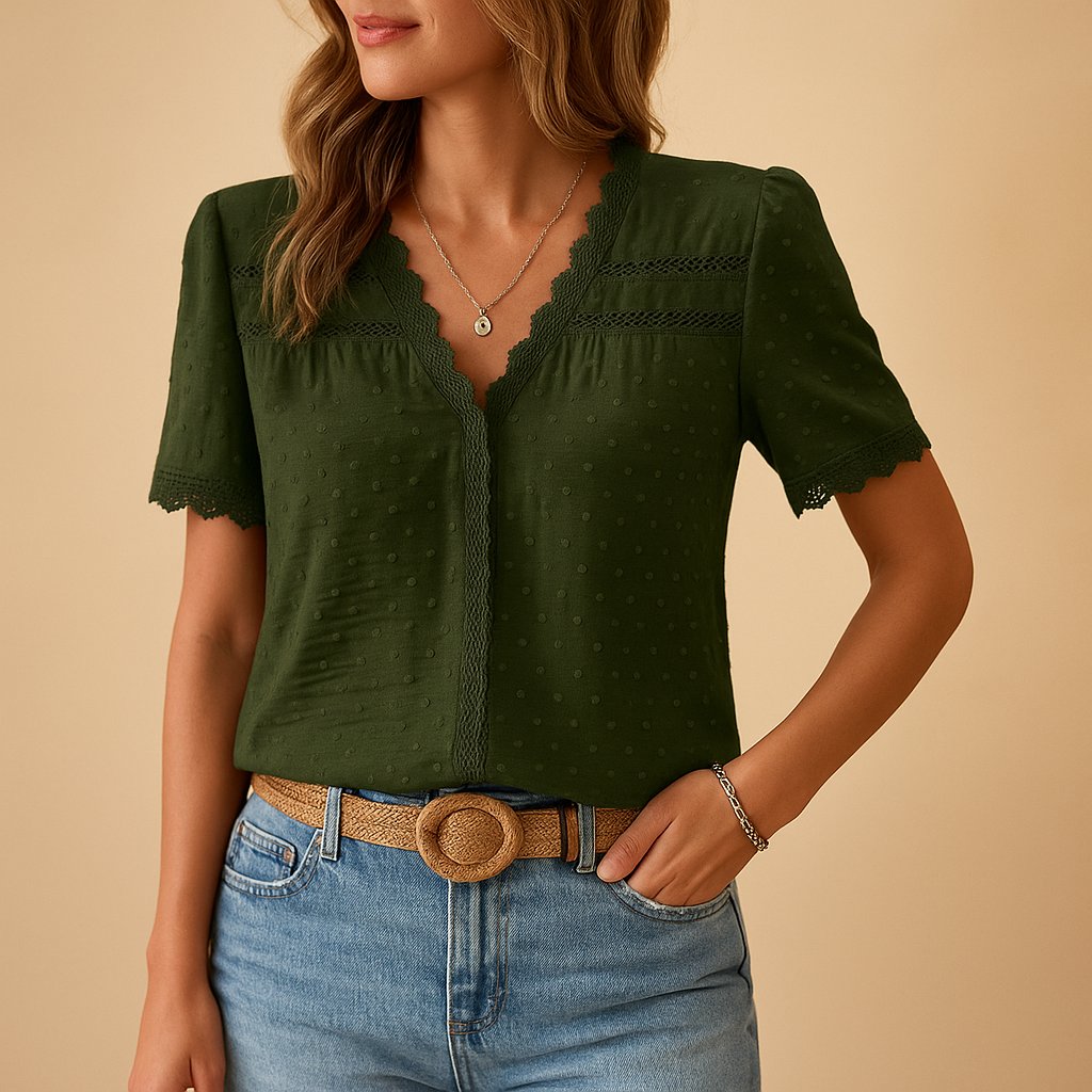 Women's Textured Lace-Trim V-Neck Short-Sleeve Blouse - Army Green