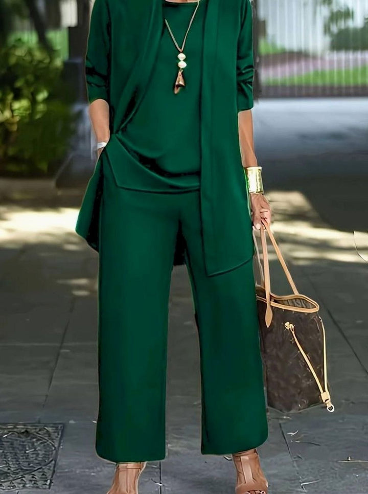 Women's Three-Piece Relaxed Wide-Leg Outfit Set - Dark Green
