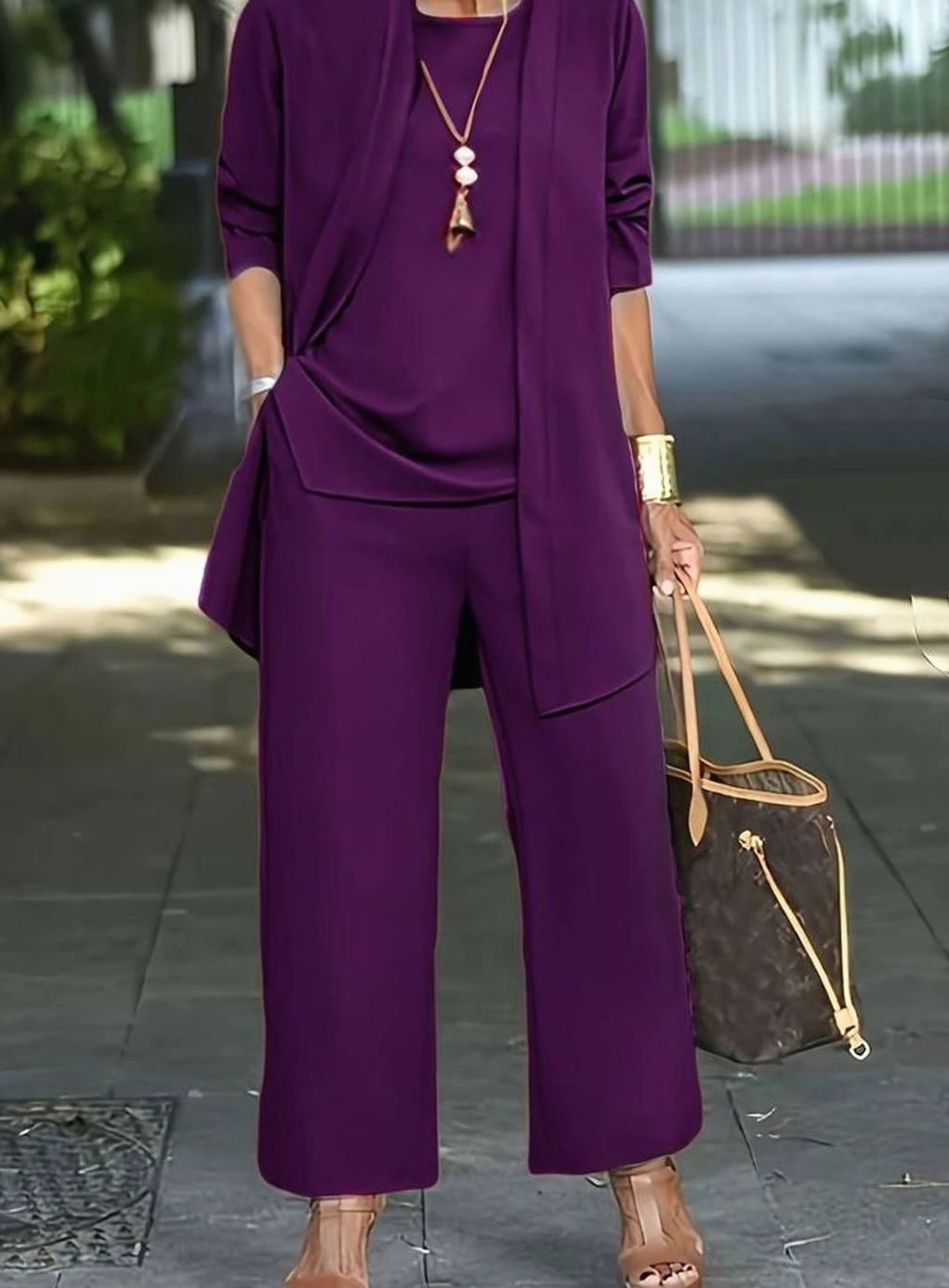 Women's Three-Piece Relaxed Wide-Leg Outfit Set - Purple