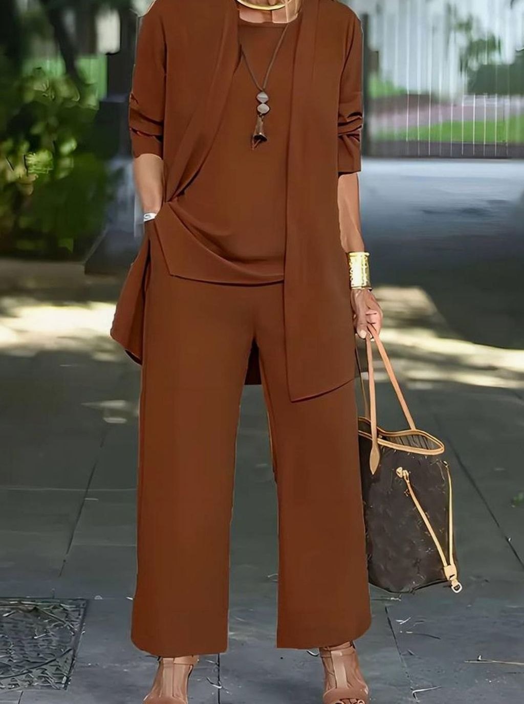 Women's Three-Piece Relaxed Wide-Leg Outfit Set - Dark Brown