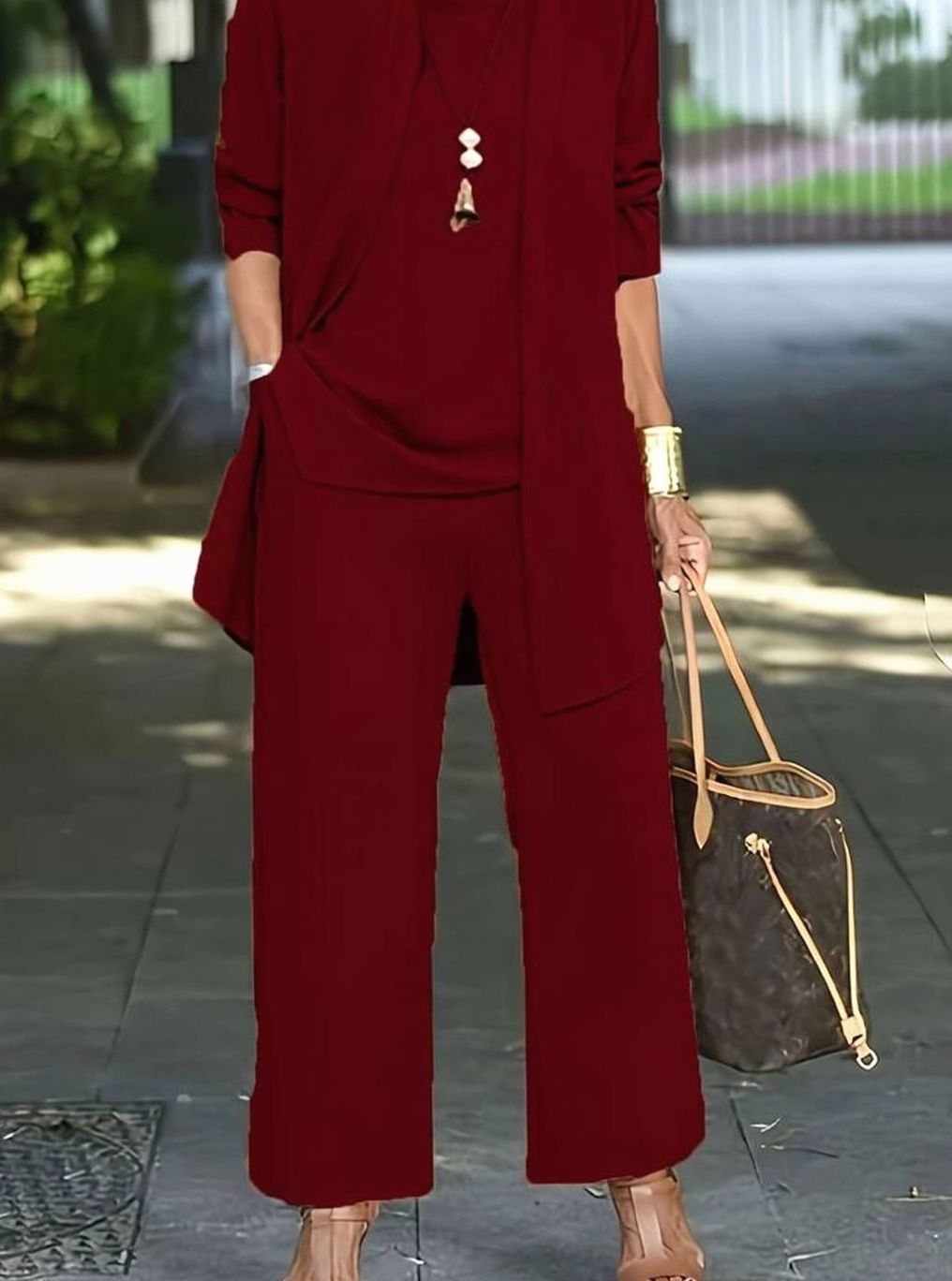 Women's Three-Piece Relaxed Wide-Leg Outfit Set - Bordeaux