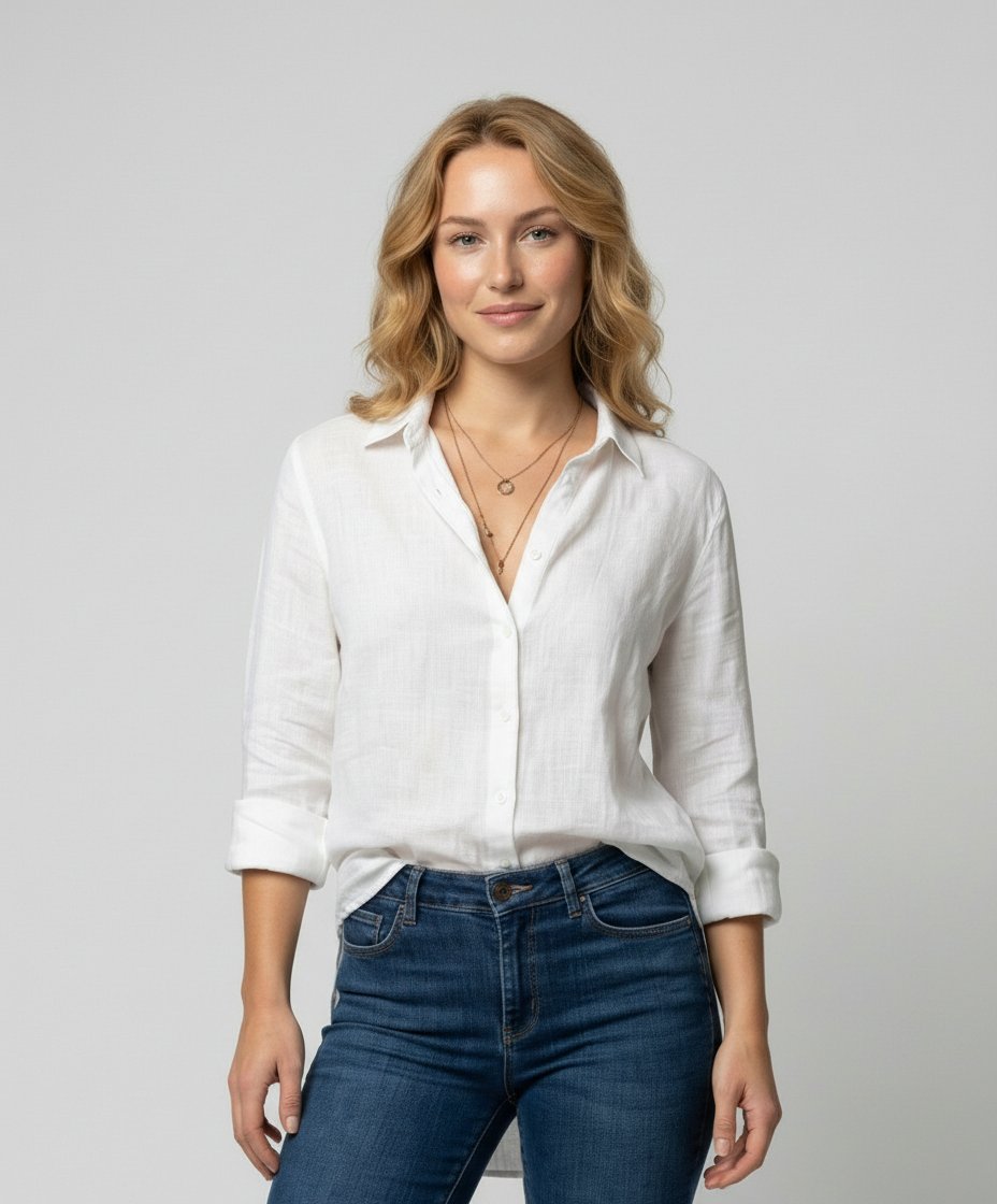 Women's Three-Quarter Sleeve Linen Shirt Classic Collar Button-Up - White