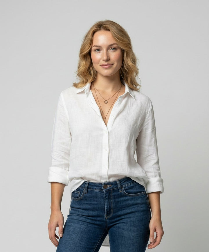 Women's Three-Quarter Sleeve Linen Shirt Classic Collar Button-Up - White