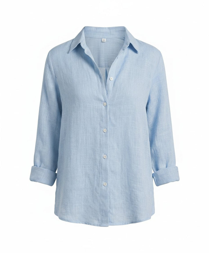 Women's Three-Quarter Sleeve Linen Shirt Classic Collar Button-Up - Blue