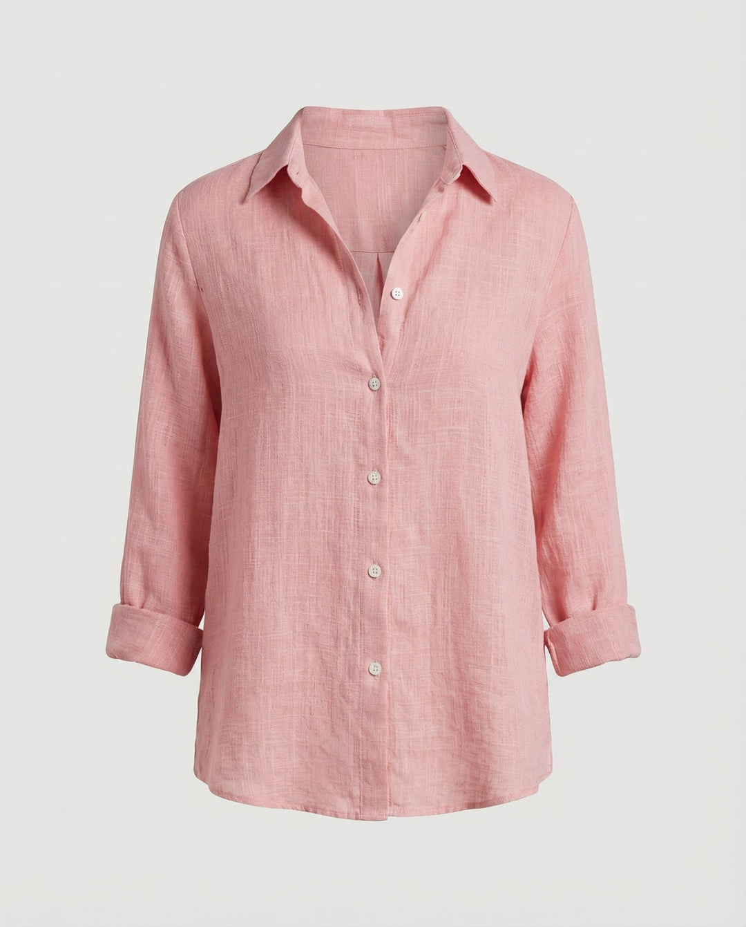 Women's Three-Quarter Sleeve Linen Shirt Classic Collar Button-Up - Pink