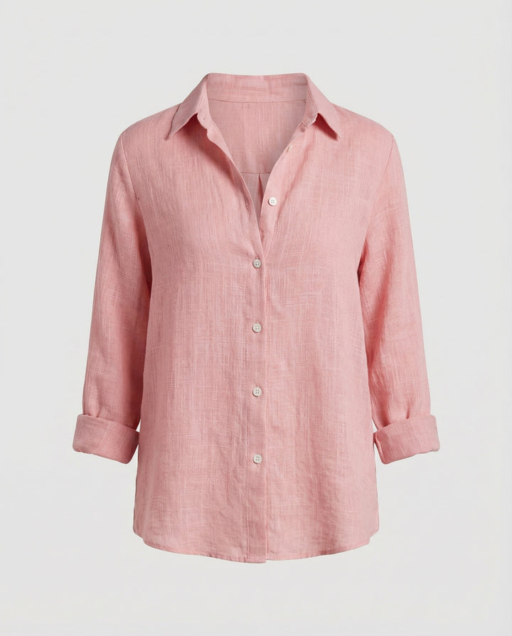 Women's Three-Quarter Sleeve Linen Shirt Classic Collar Button-Up - Pink