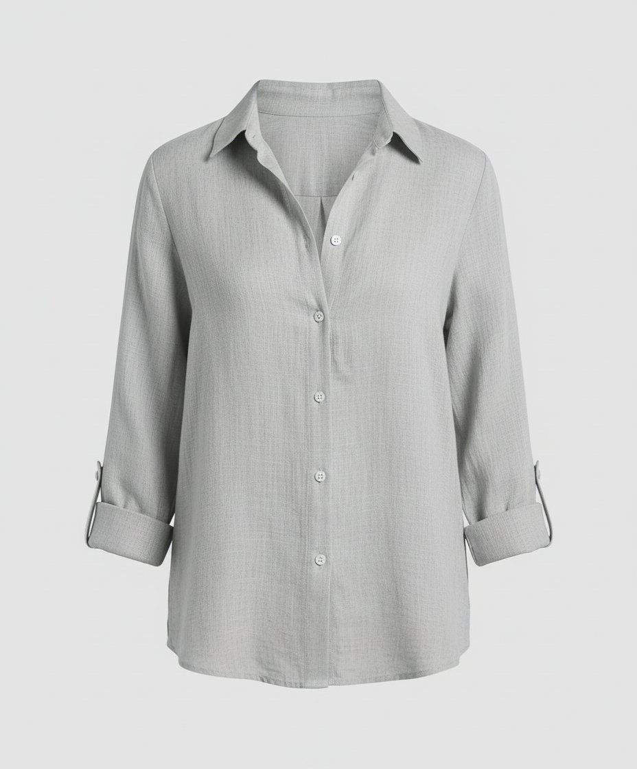 Women's Three-Quarter Sleeve Linen Shirt Classic Collar Button-Up - Gray