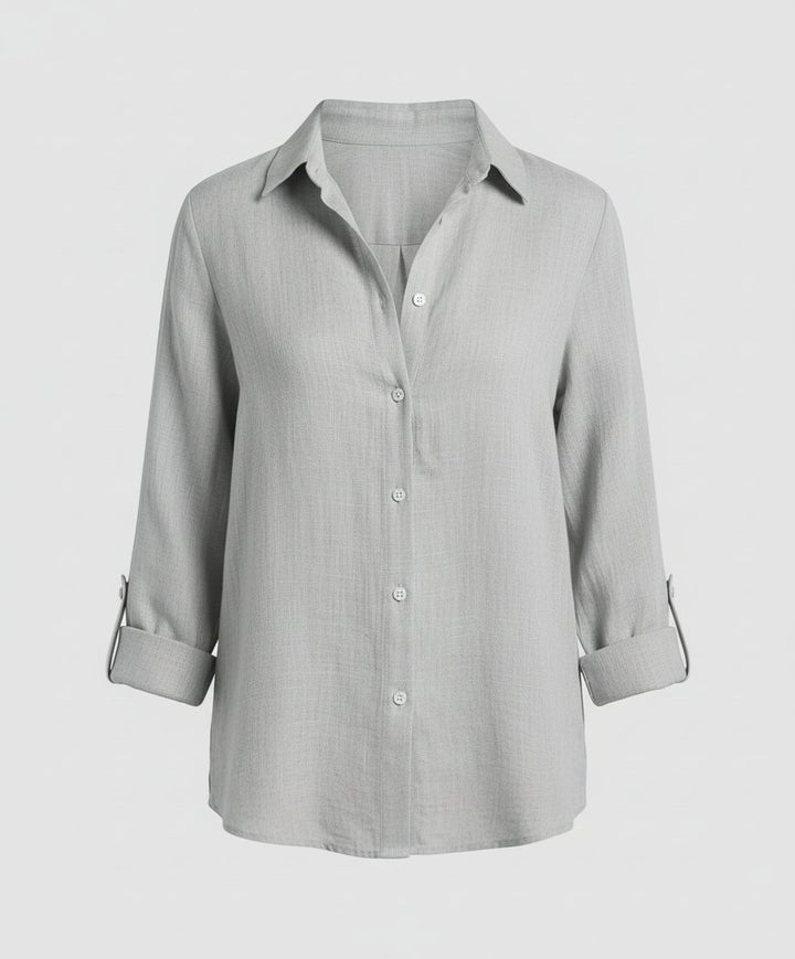 Women's Three-Quarter Sleeve Linen Shirt Classic Collar Button-Up - Gray