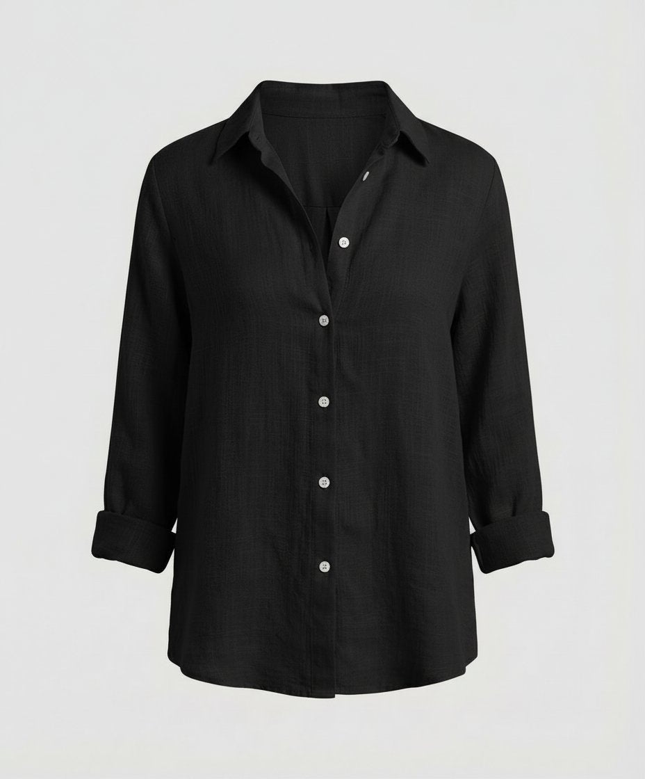 Women's Three-Quarter Sleeve Linen Shirt Classic Collar Button-Up - Black