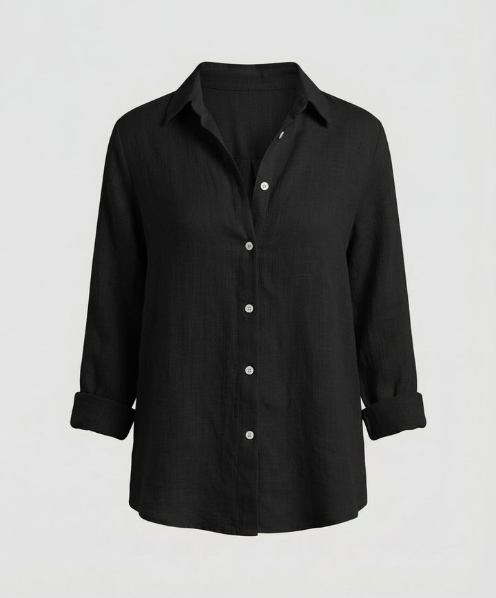Women's Three-Quarter Sleeve Linen Shirt Classic Collar Button-Up - Black