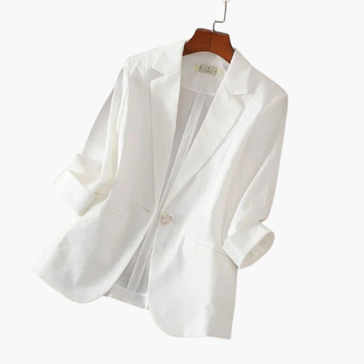 Women's Three Quarter Sleeve Notch Lapel Single Button Linen Blazer - White
