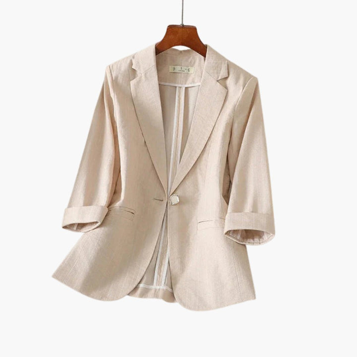 Women's Three Quarter Sleeve Notch Lapel Single Button Linen Blazer - Beige