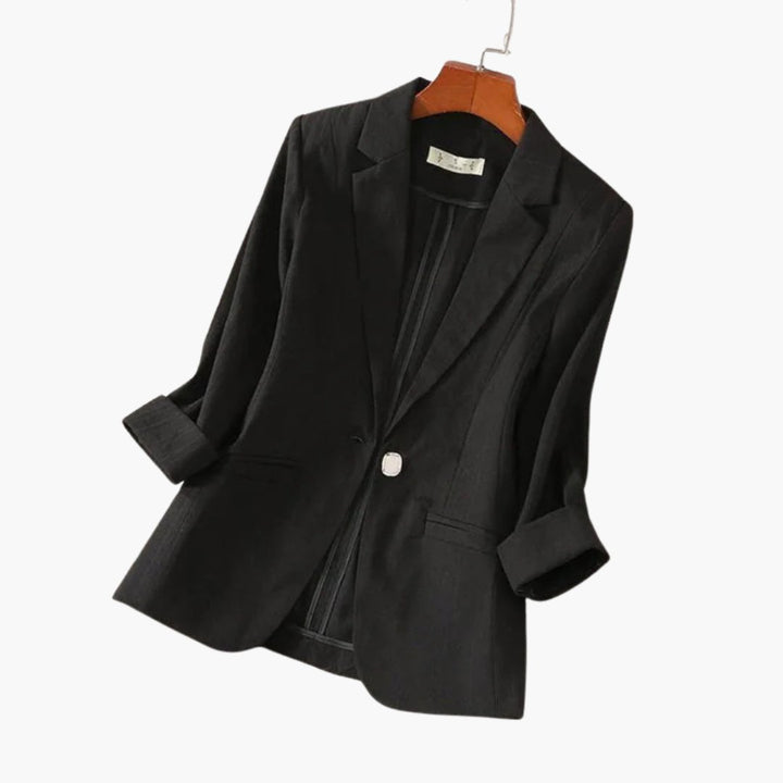 Women's Three Quarter Sleeve Notch Lapel Single Button Linen Blazer - Black