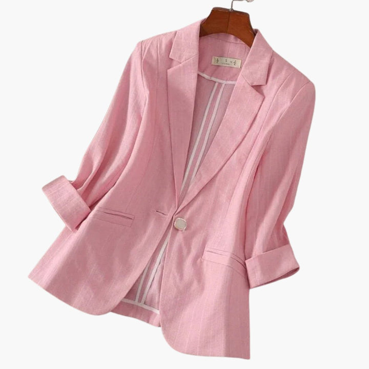 Women's Three Quarter Sleeve Notch Lapel Single Button Linen Blazer - Pink