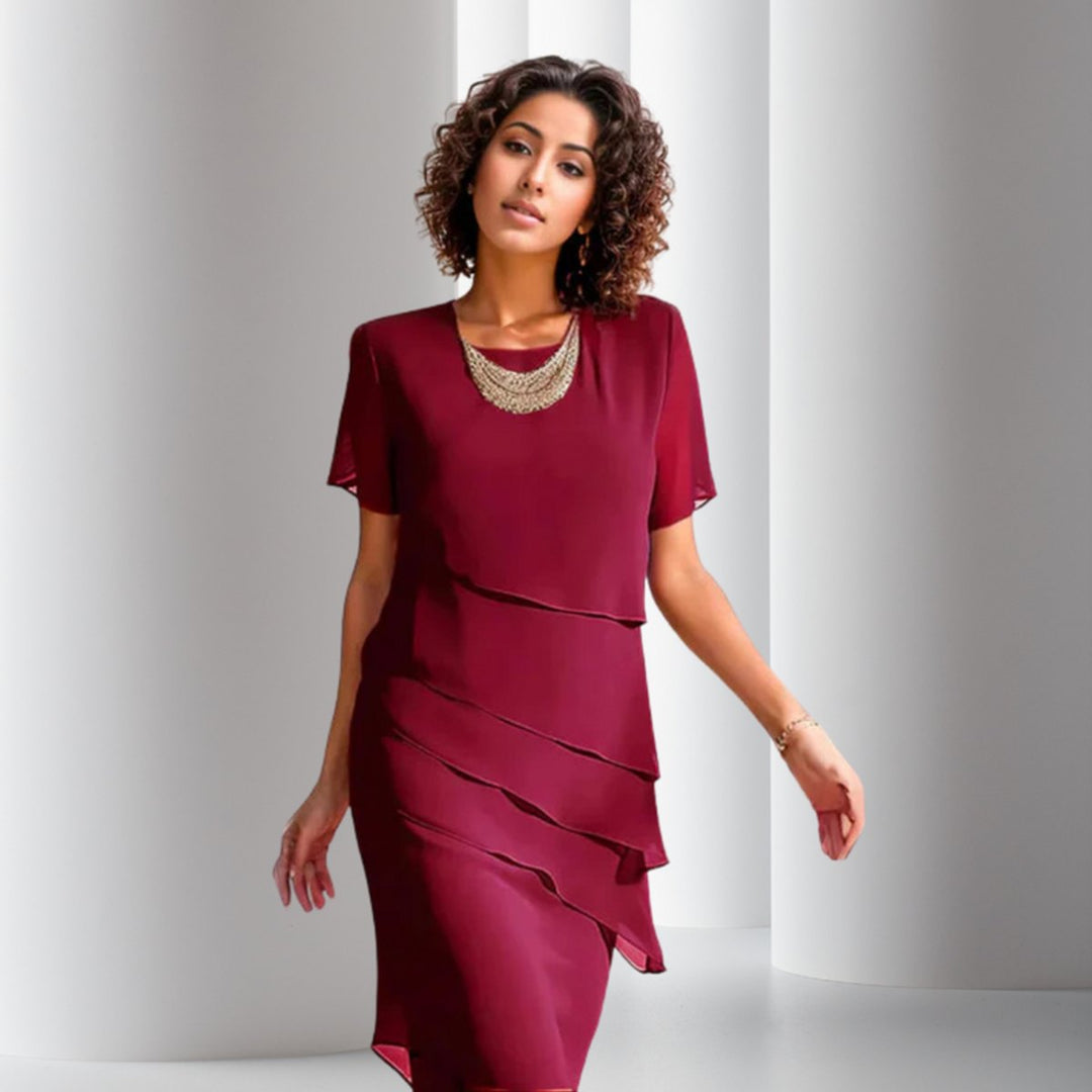 Women's Tiered Chiffon Cocktail Party Dress Short Sleeve Midi - Red