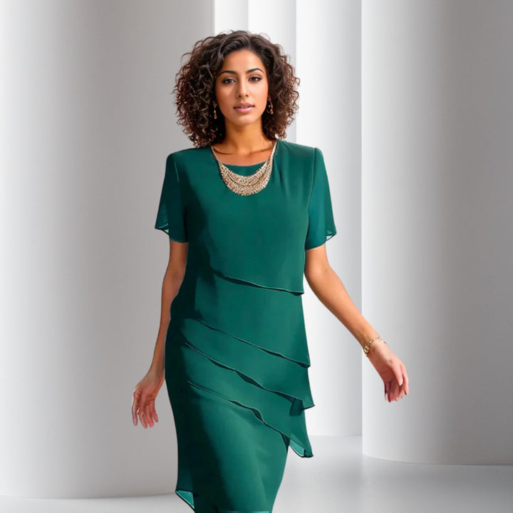 Women's Tiered Chiffon Cocktail Party Dress Short Sleeve Midi - Green