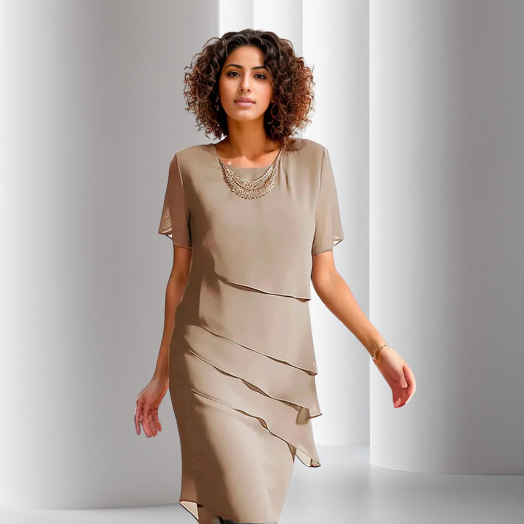 Women's Tiered Chiffon Cocktail Party Dress Short Sleeve Midi - Khaki