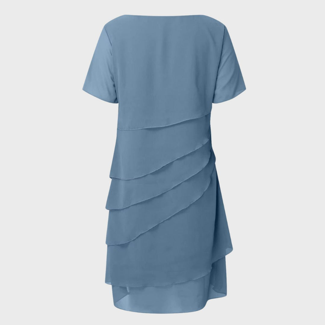 Women's Tiered Chiffon Cocktail Party Dress Short Sleeve Midi