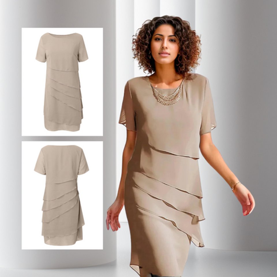Women's Tiered Chiffon Cocktail Party Dress Short Sleeve Midi