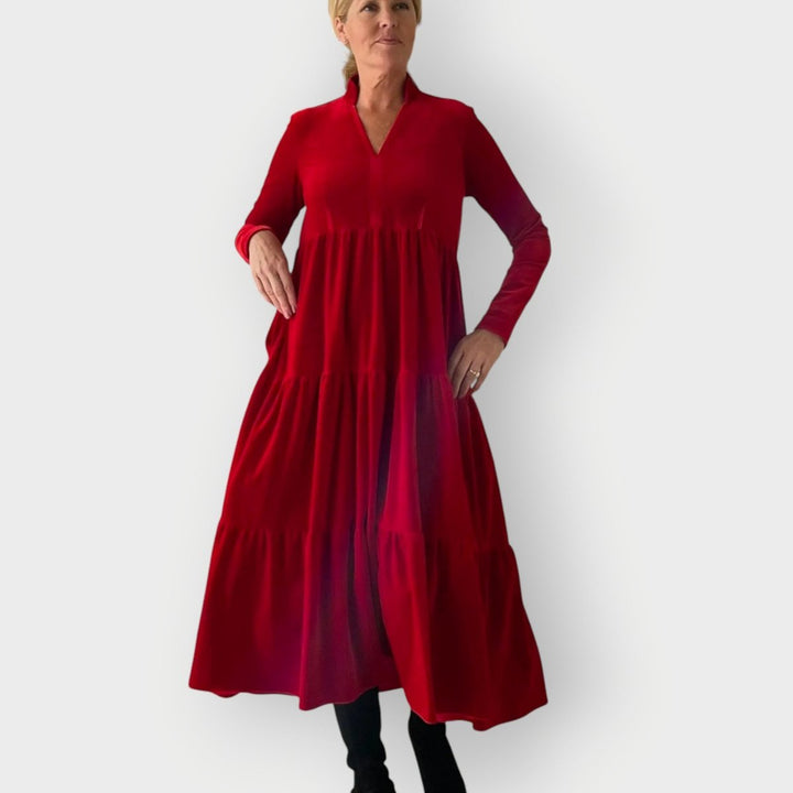 Women's Tiered Velvet Maxi Formal Dress Long Sleeve V-Neck - Red
