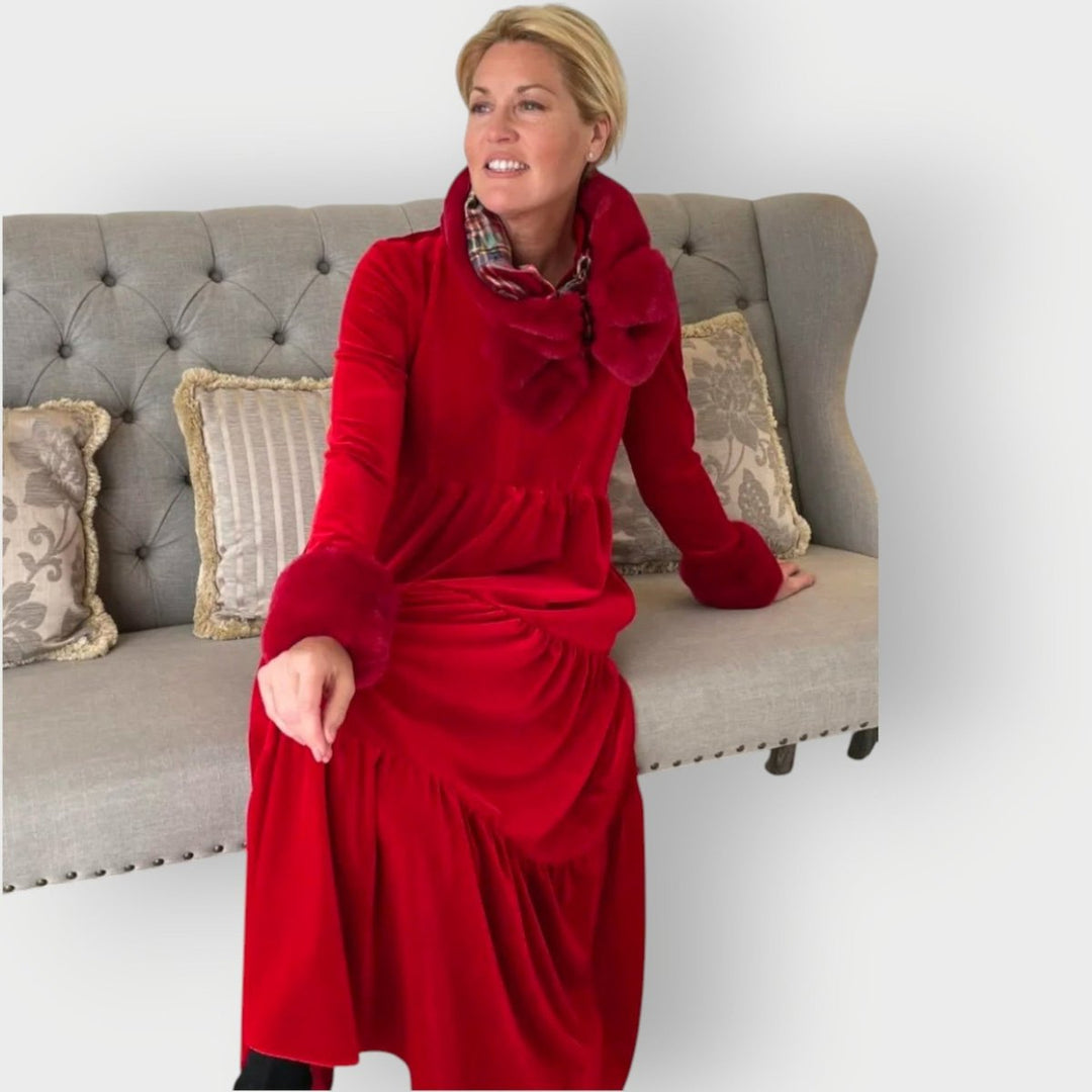 Women's Tiered Velvet Maxi Formal Dress Long Sleeve V-Neck