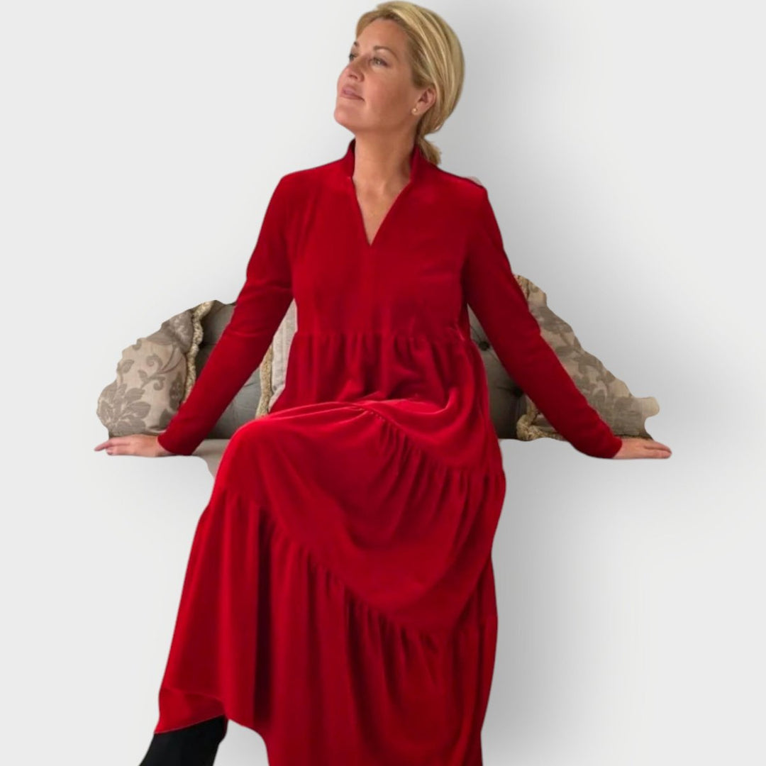 Women's Tiered Velvet Maxi Formal Dress Long Sleeve V-Neck