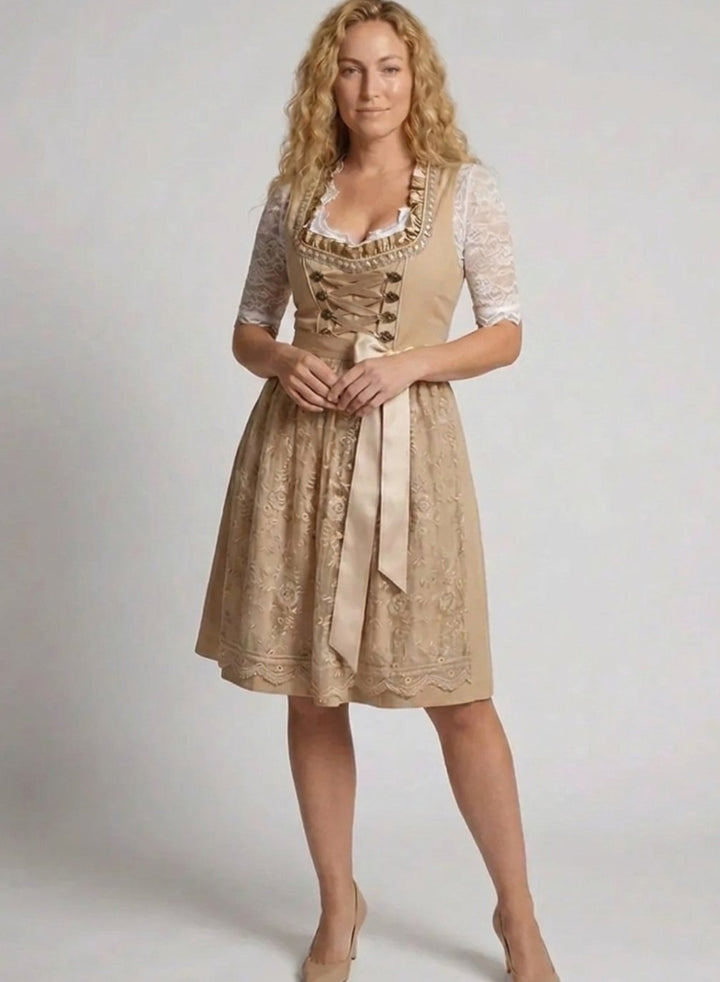 Women's Traditional Lace-Up Dirndl Knee-Length Floral Apron Dress - Beige