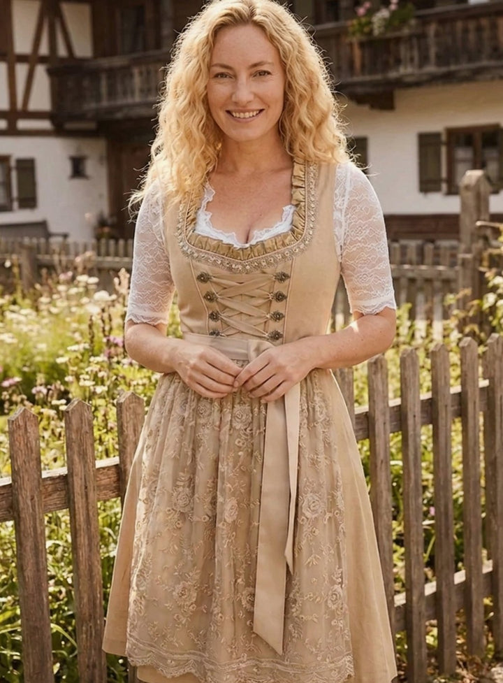Women's Traditional Lace-Up Dirndl Knee-Length Floral Apron Dress