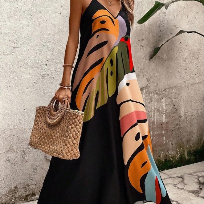 Women's Tropical Leaf Print Sleeveless Maxi Dress - Multicolor