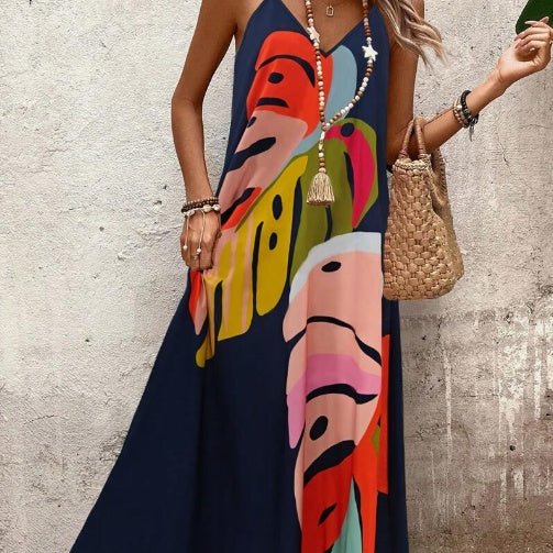 Women's Tropical Leaf Print Sleeveless Maxi Dress - Navy Blue