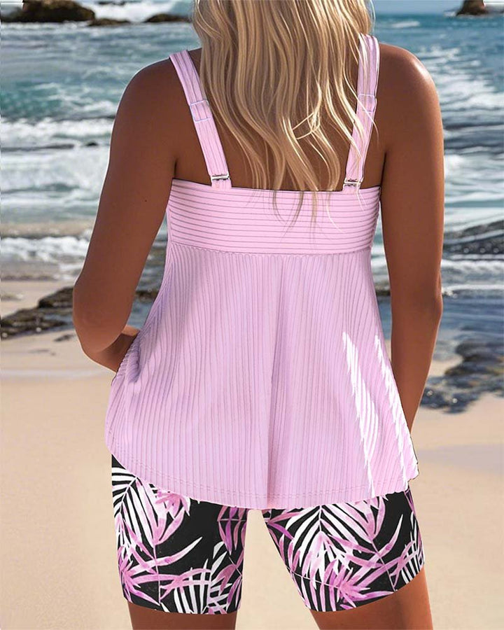 Women's Tummy Control Ribbed Tankini with Tropical Print Shorts