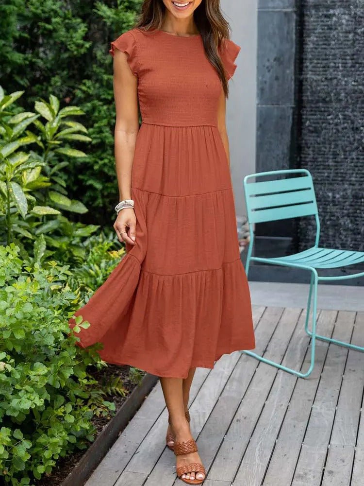 Women's Tummy Control Tiered Ruffle Sleeve Midi Dress - Orange