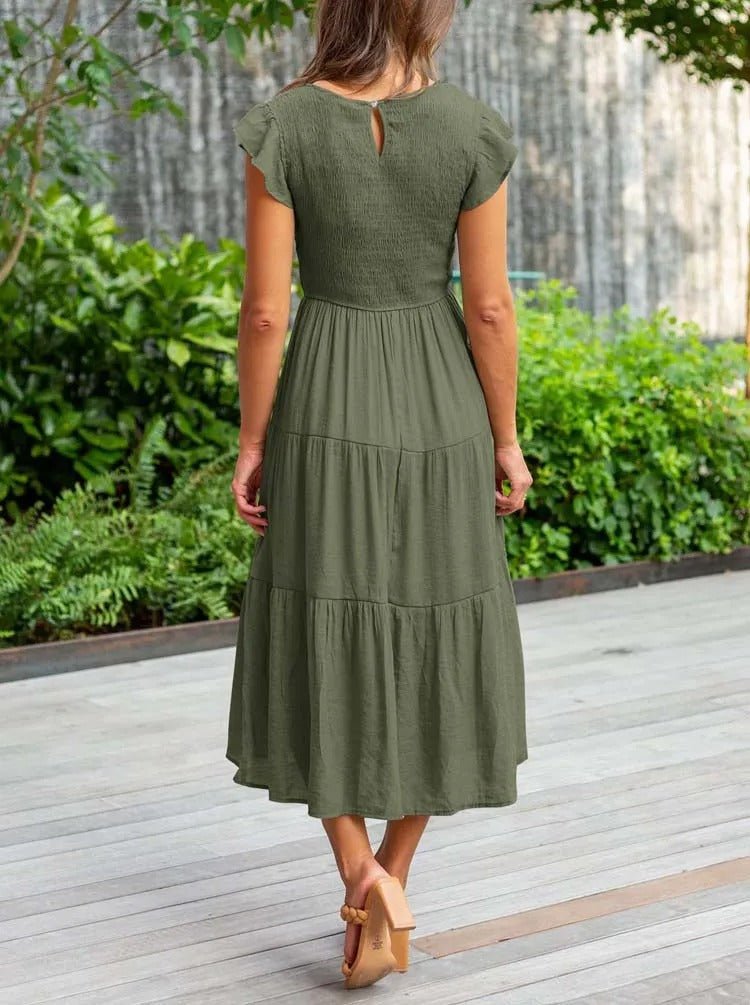 Women's Tummy Control Tiered Ruffle Sleeve Midi Dress