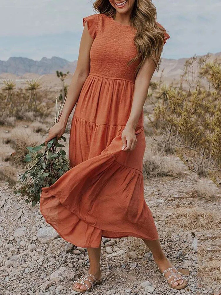 Women's Tummy Control Tiered Ruffle Sleeve Midi Dress