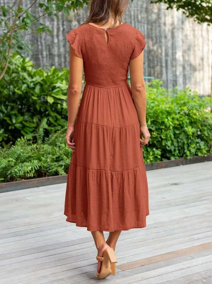 Women's Tummy Control Tiered Ruffle Sleeve Midi Dress