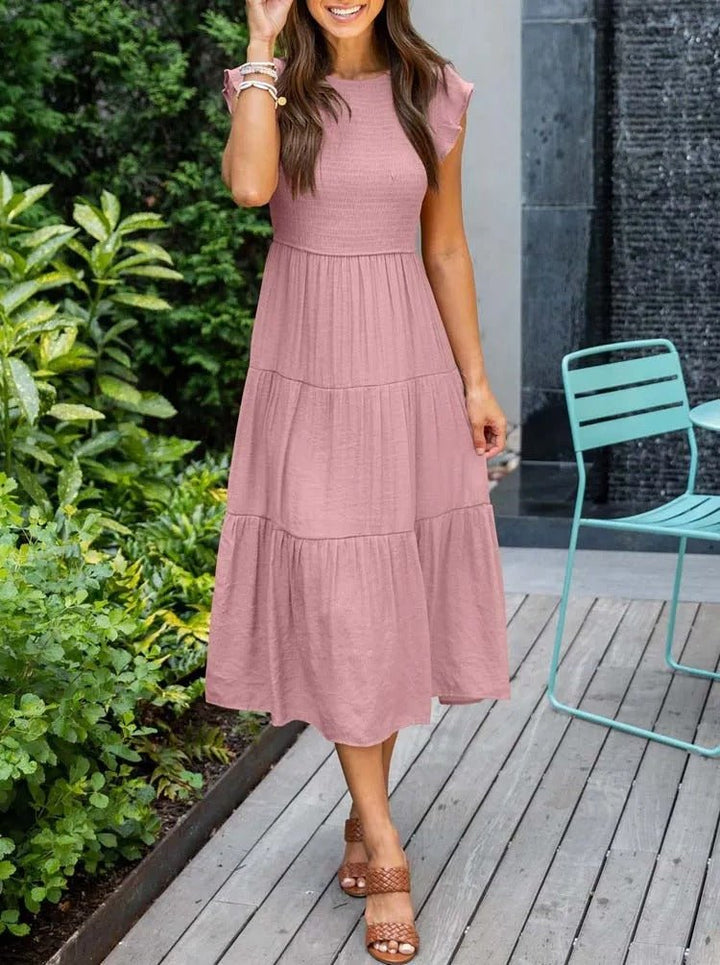 Women's Tummy Control Tiered Ruffle Sleeve Midi Dress