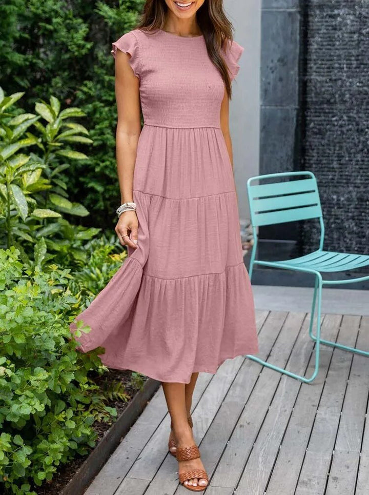 Women's Tummy Control Tiered Ruffle Sleeve Midi Dress - Pink