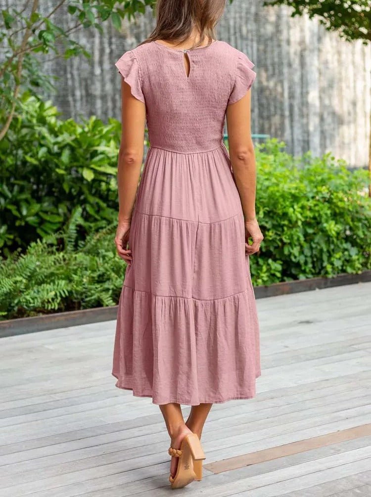 Women's Tummy Control Tiered Ruffle Sleeve Midi Dress