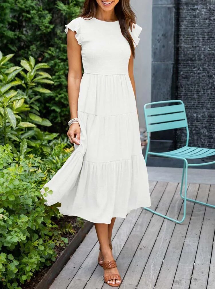 Women's Tummy Control Tiered Ruffle Sleeve Midi Dress - White