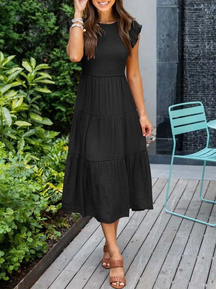 Women's Tummy Control Tiered Ruffle Sleeve Midi Dress - Black