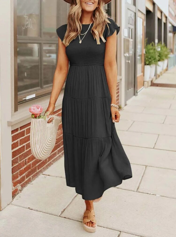 Women's Tummy Control Tiered Ruffle Sleeve Midi Dress